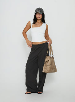 Showcasing the Lost On You Parachute Cargo Pants Charcoal in mid-rise womens-regular-pants front view of model wearing