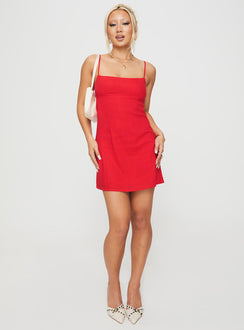 front view of model wearing Princess Polly Wurli Mini Dress Red Square Neck 