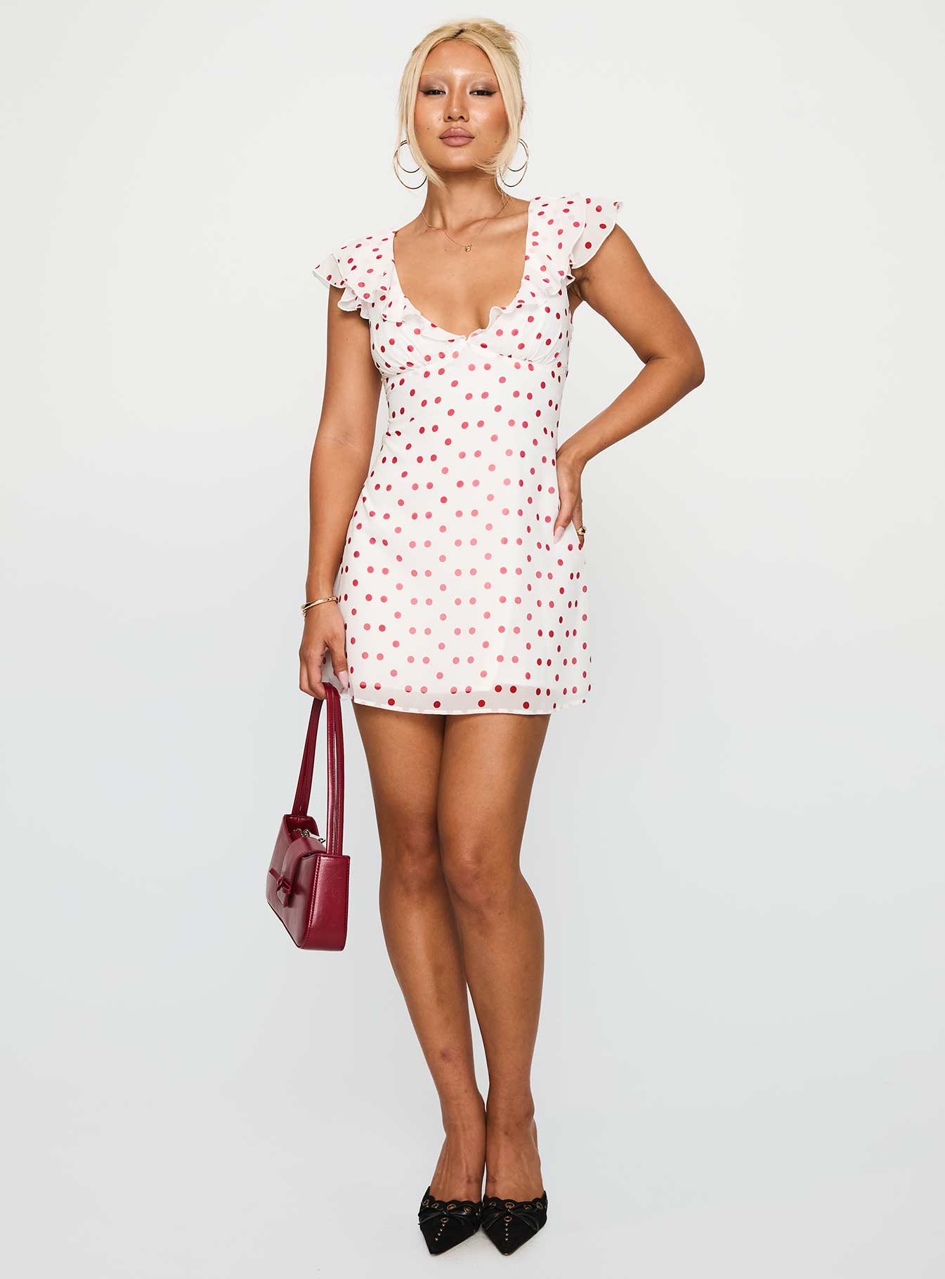 front view of model wearing Princess Polly I Guess So Mini Dress White / Burgundy Plunger 