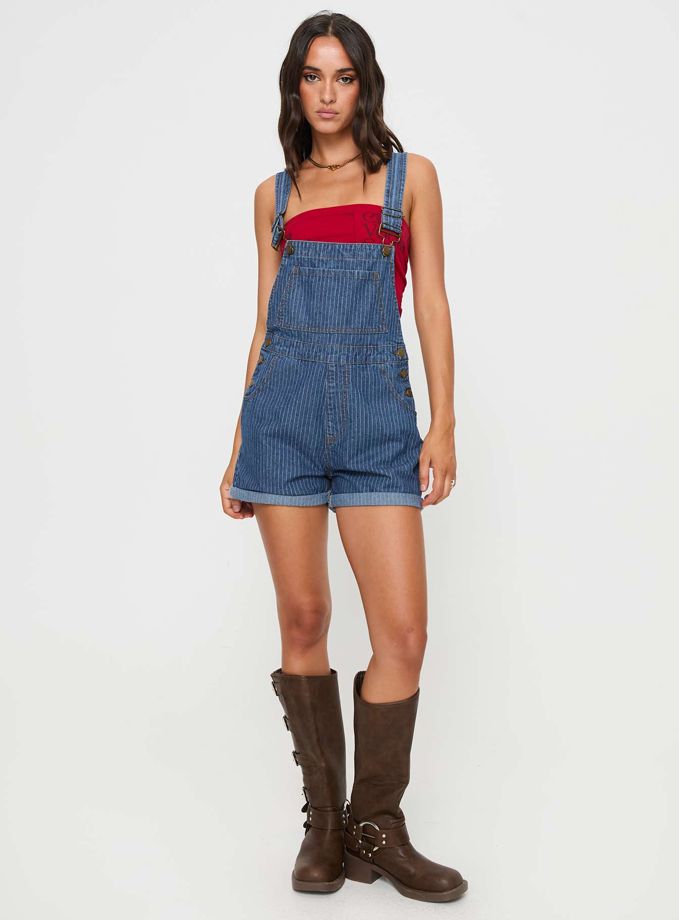 Blue Overalls Pinstripe print, gold-toned hardware, five pocket design, button fastening