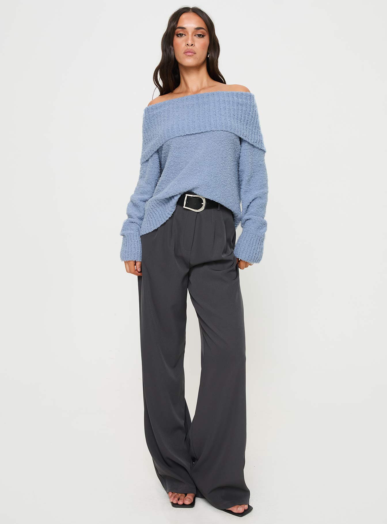 front view of model wearing Princess Polly Parkley Boucle Off The Shoulder Sweater Blue Long 