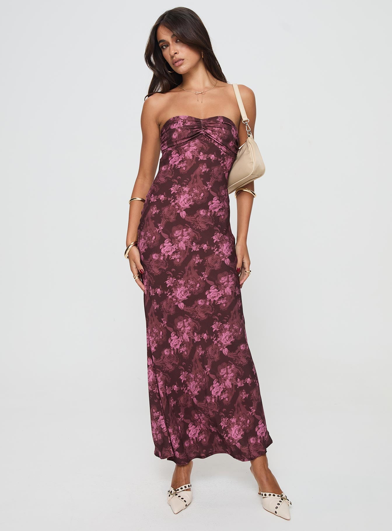 front view of model wearing Princess Polly Abeila Strapless Maxi Dress Burgundy Sweetheart Neckline 