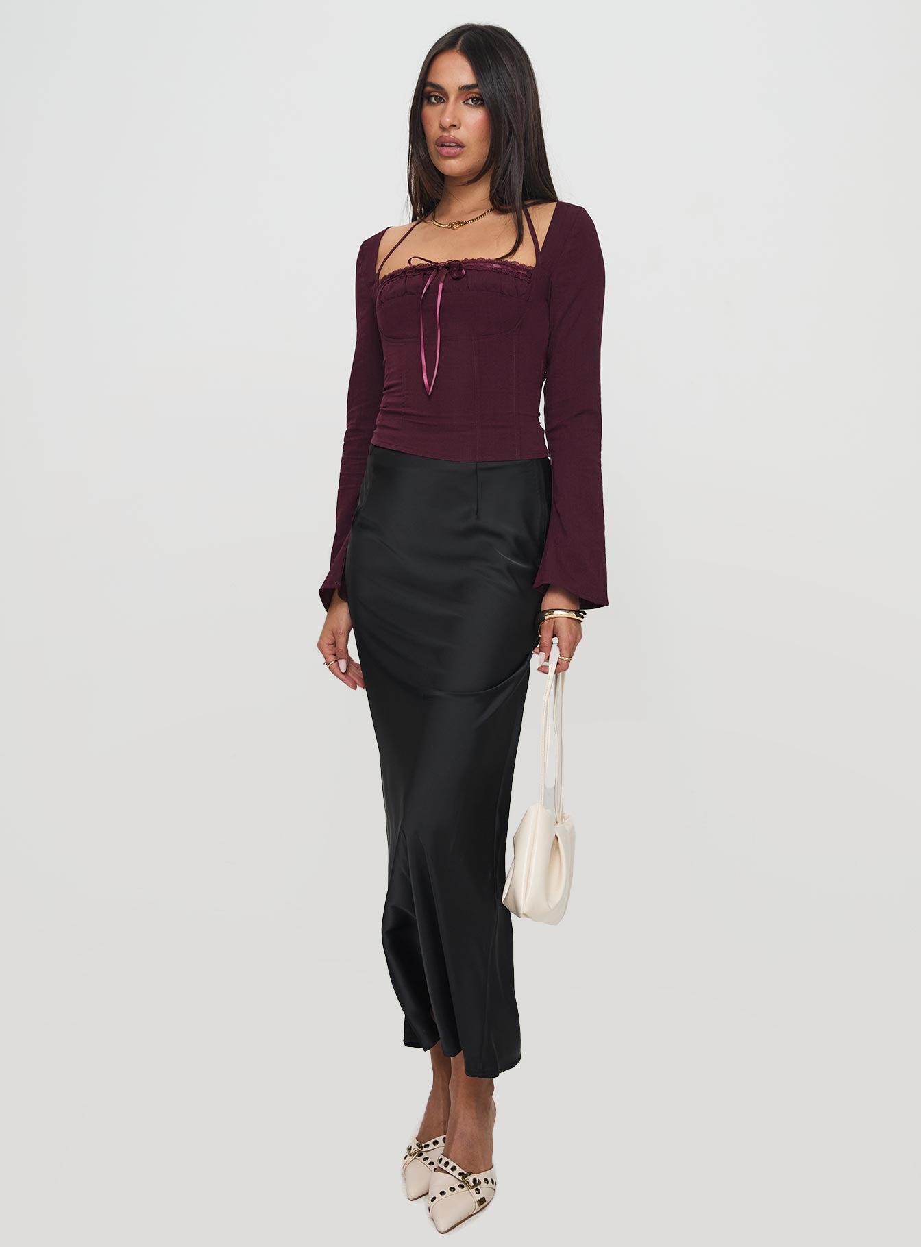 back view of model wearing Princess Polly Trynia Long Sleeve Top Burgundy Full Sleeves Square Neck 