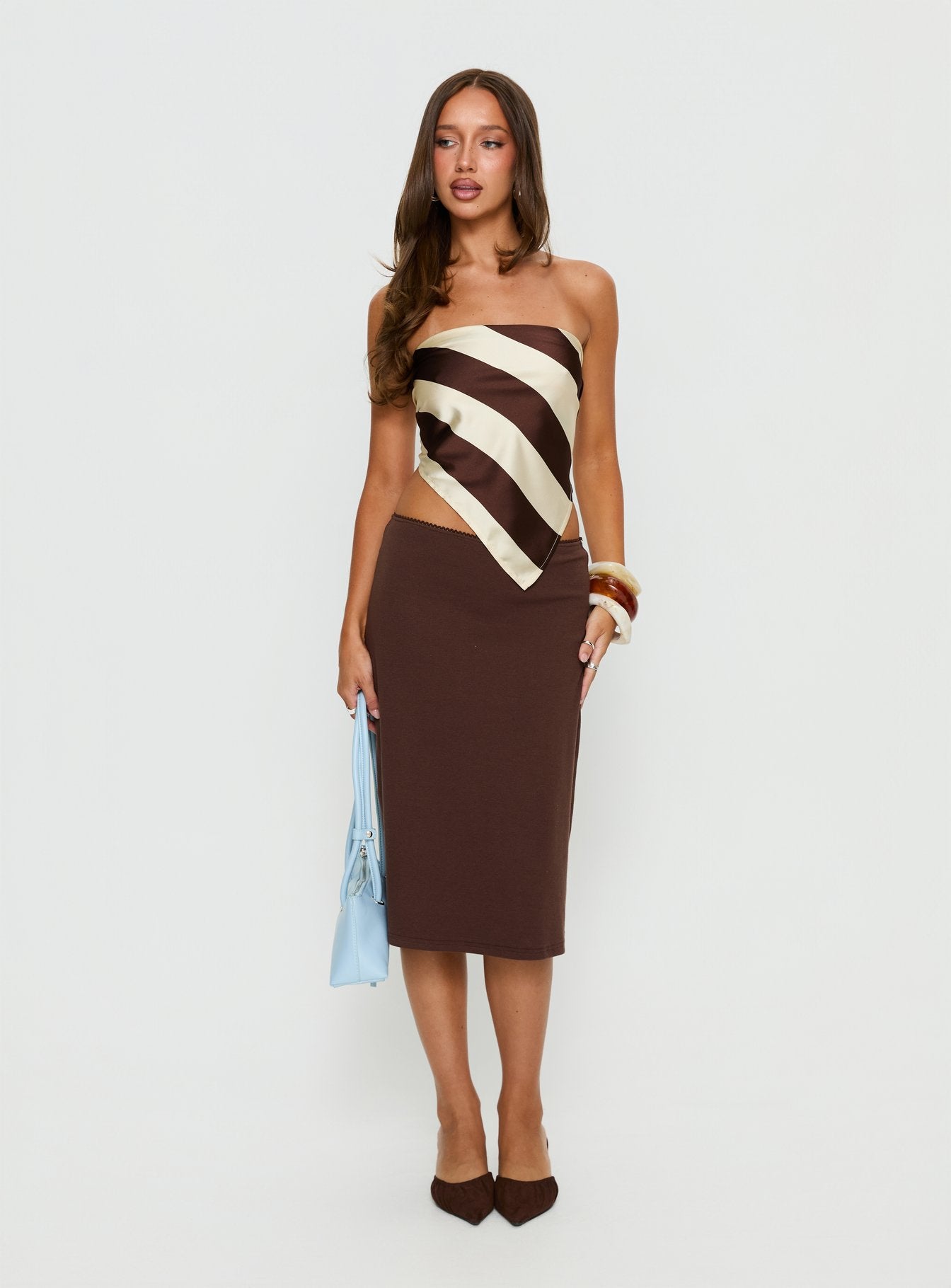   front view of model wearing Princess Polly Baseline Rib Midi Skirt Chocolate Midi Skirts 