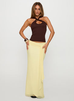   side view of model wearing Princess Polly Caviar Tie Maxi Skirt Lemon 