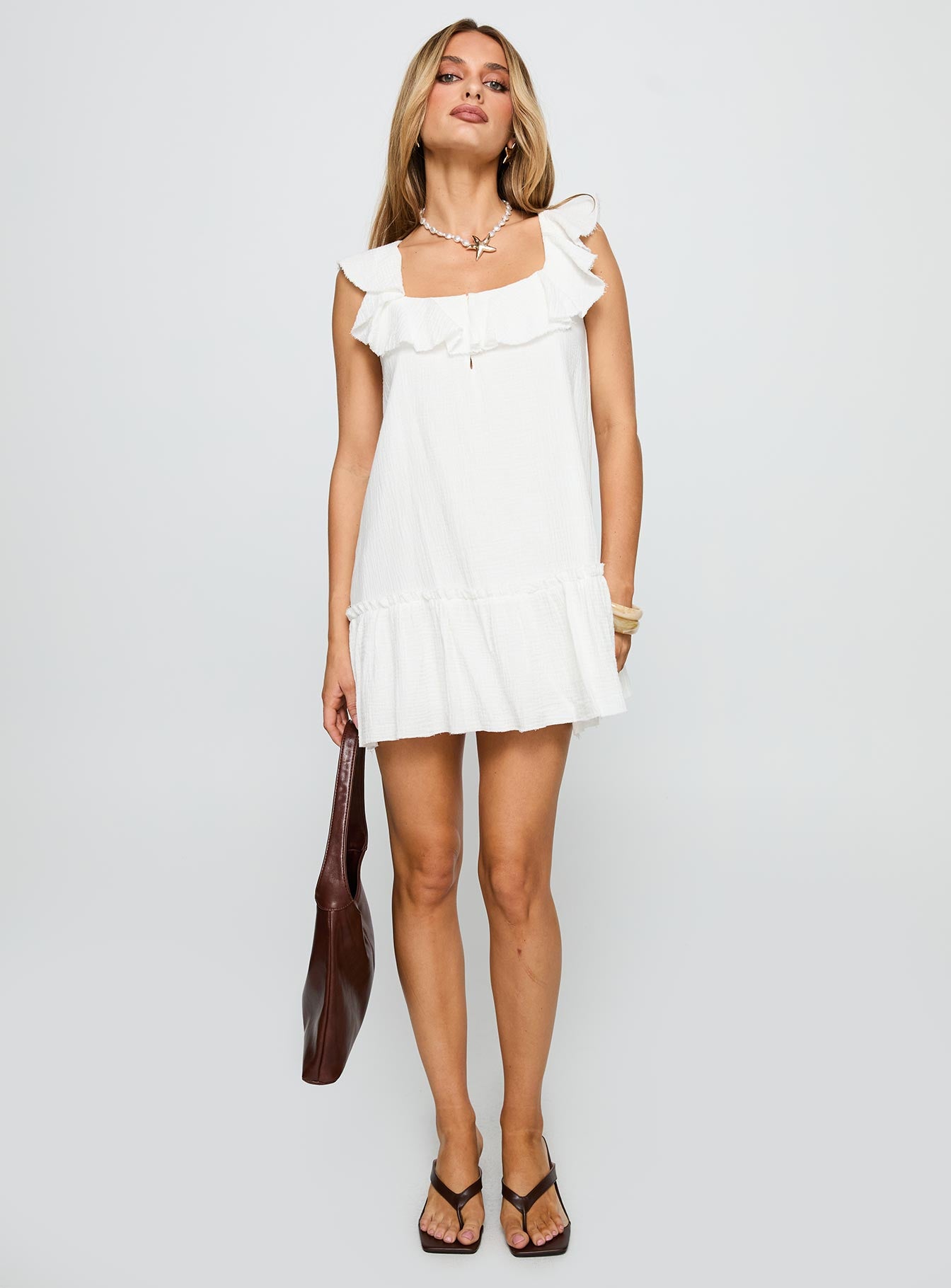 front view of model wearing Princess Polly Alicen Frill Mini Dress White Square Neck 