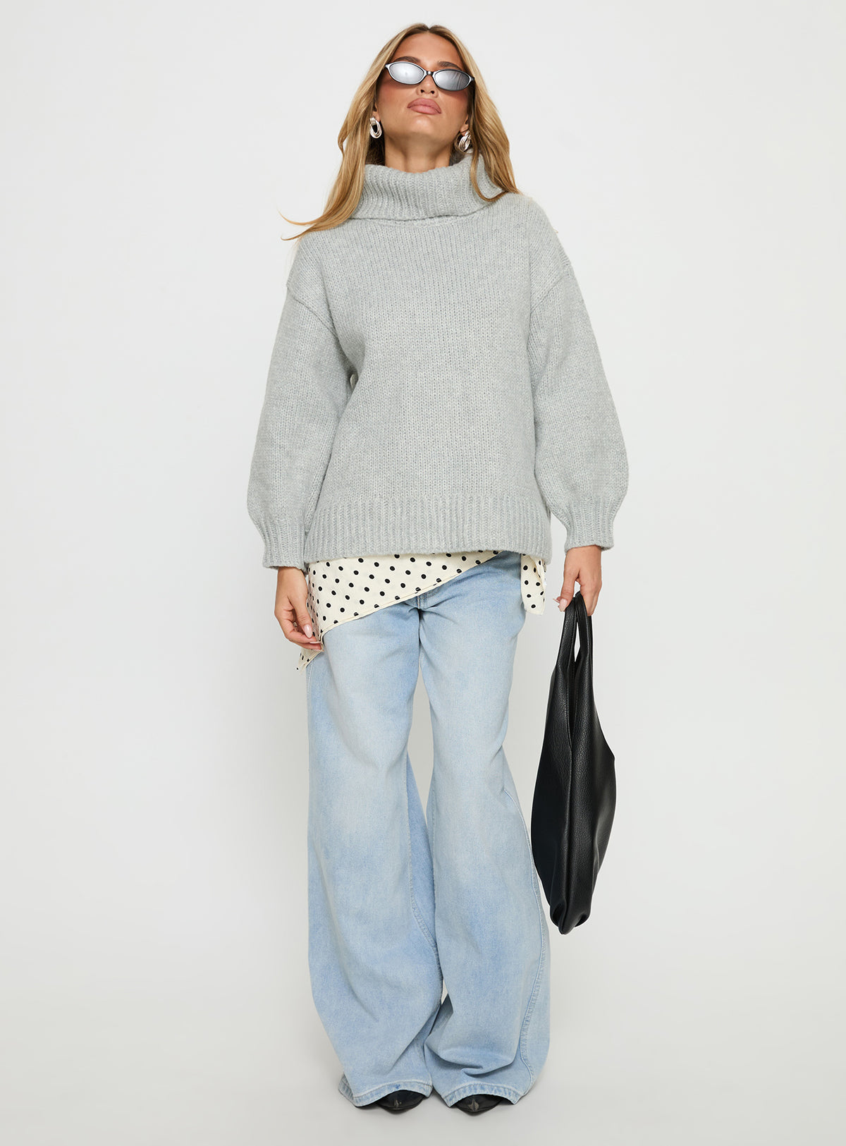 front view of model wearing Princess Polly Let Love In Knit Sweater Grey Longline Jumpers 