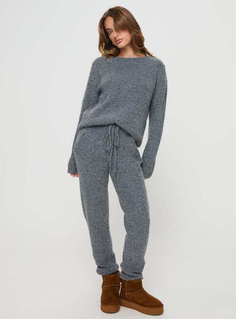 back view of model wearing Princess Polly Abrams Rib Knit Crew Sweater Charcoal Marle regular 