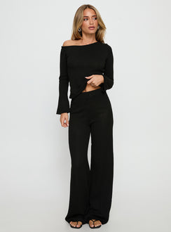 side view of model wearing Princess Polly Jaede Off Shoulder Knit Sweater Black Cropped Jumpers 