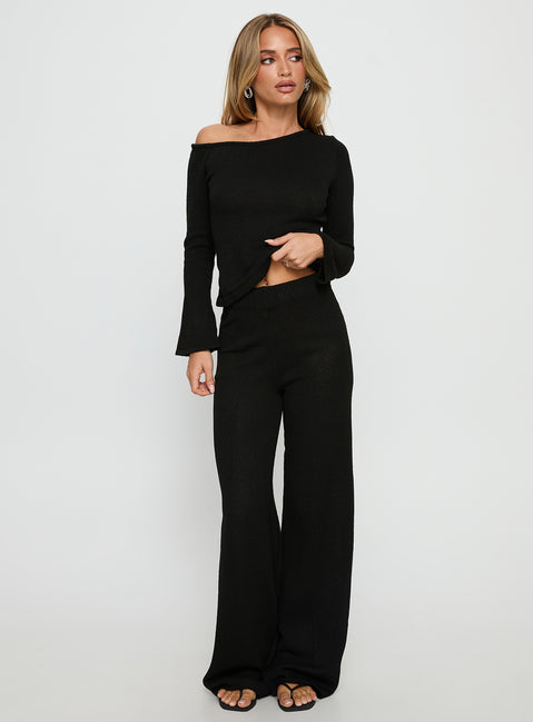 side view of model wearing Princess Polly Jaede Off Shoulder Knit Sweater Black Cropped Jumpers 