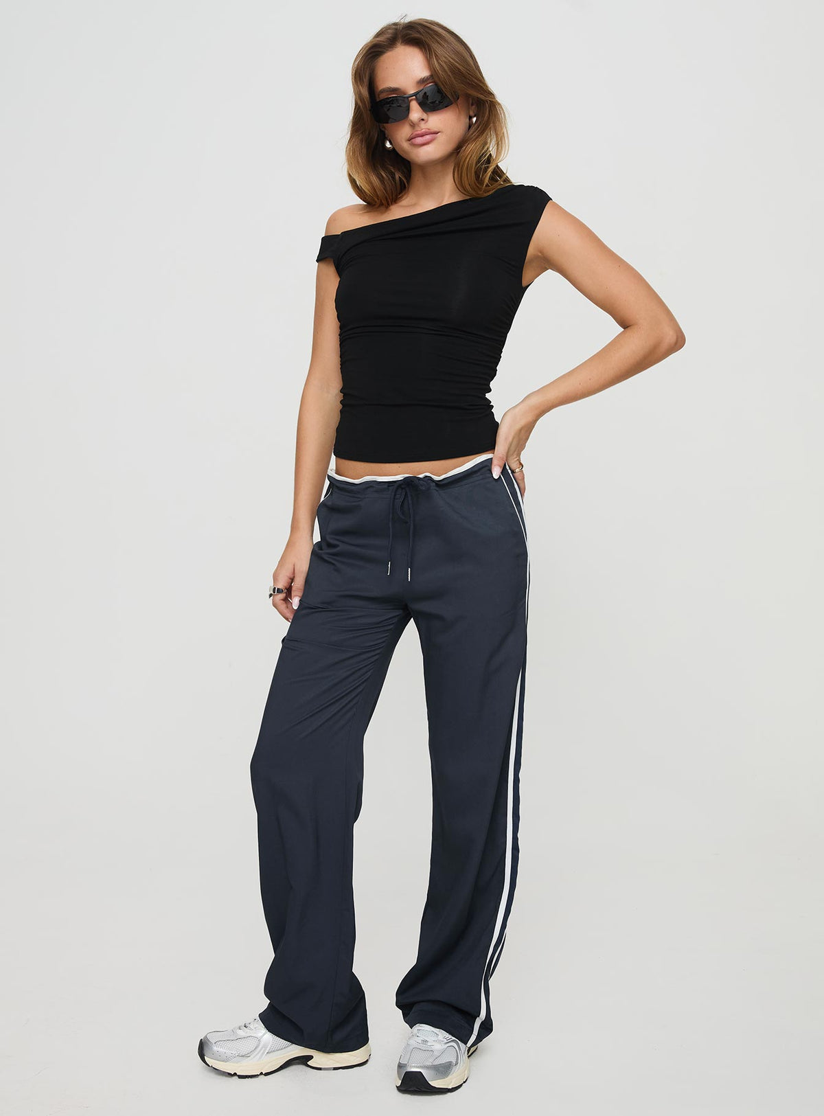 front view of model wearing Princess Polly Maranie Pants Navy/ White High Waisted Pants 