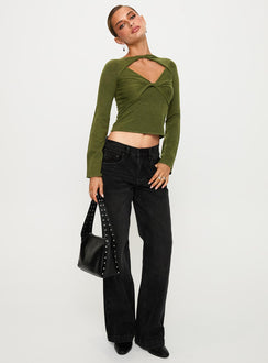 side view of model wearing Princess Polly Giordani Long Sleeve Twist Top Moss Green Full Sleeves Crew Neck 