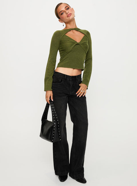 side view of model wearing Princess Polly Giordani Long Sleeve Twist Top Moss Green Full Sleeves Crew Neck 