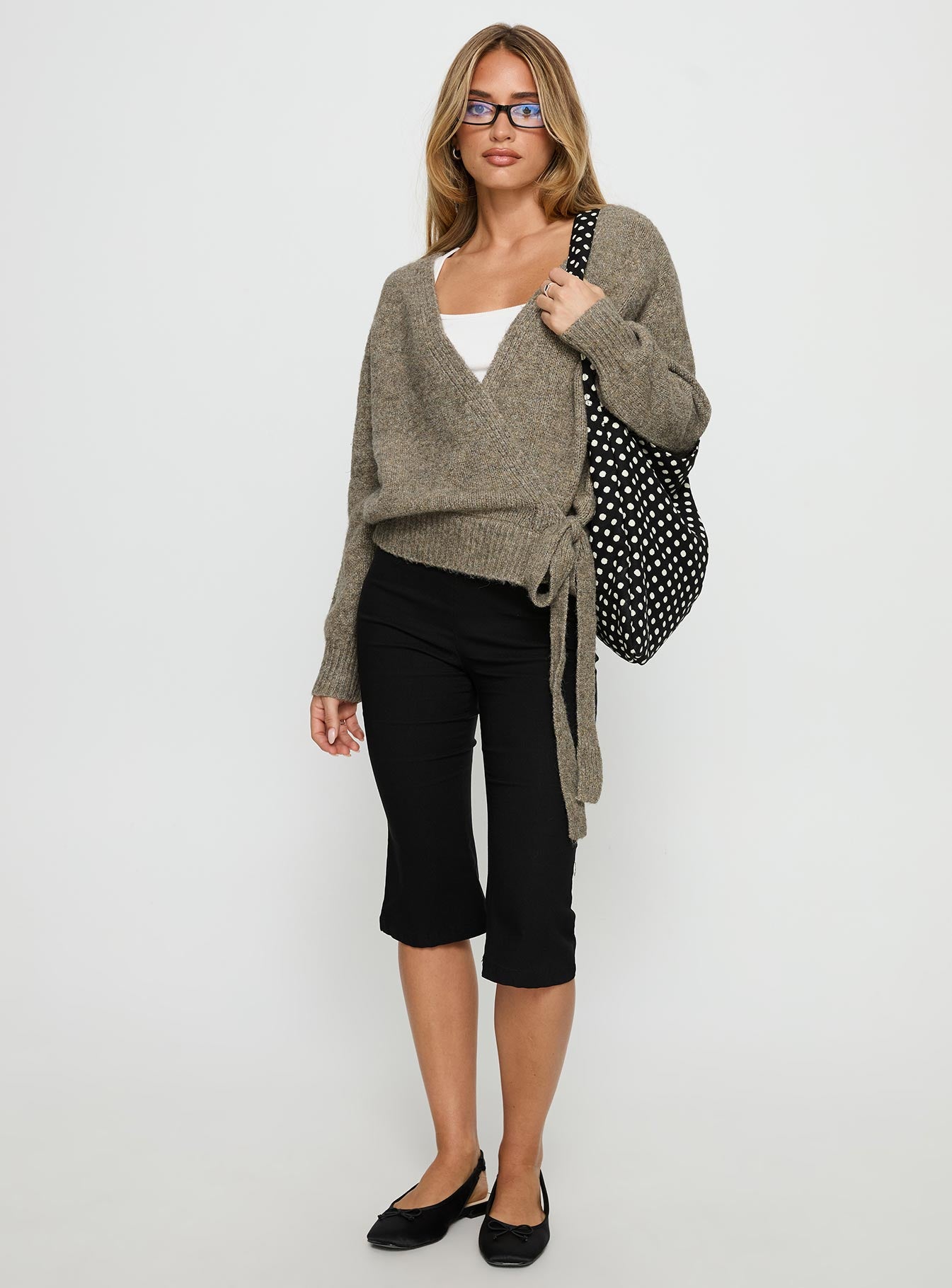 Crafted with the Daelan Wrap Knit Cardigan Brown womens-jumpers in short length front view of model wearing Princess Polly