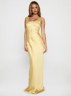 side view of model wearing Princess Polly Dasha Maxi Dress Lemon Square Neck 