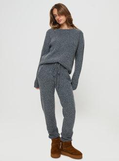 back view of model wearing Princess Polly Abrams Rib Knit Pants Charcoal Marle High Waisted Pants 