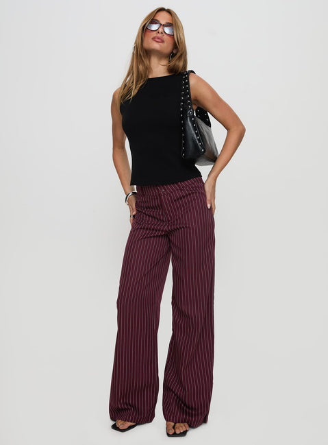 front view of model wearing Princess Polly Lorenne Mid Rise Pant Burgundy Pinstripe High Waisted Pants 