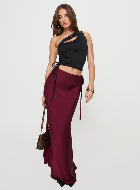   front view of model wearing Princess Polly Fluttering Maxi Skirt Burgundy Maxi Skirts Skirts 