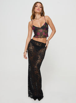 side view of model wearing Princess Polly Raphalee Top Black / Red Floral Sleeveless Plunger 