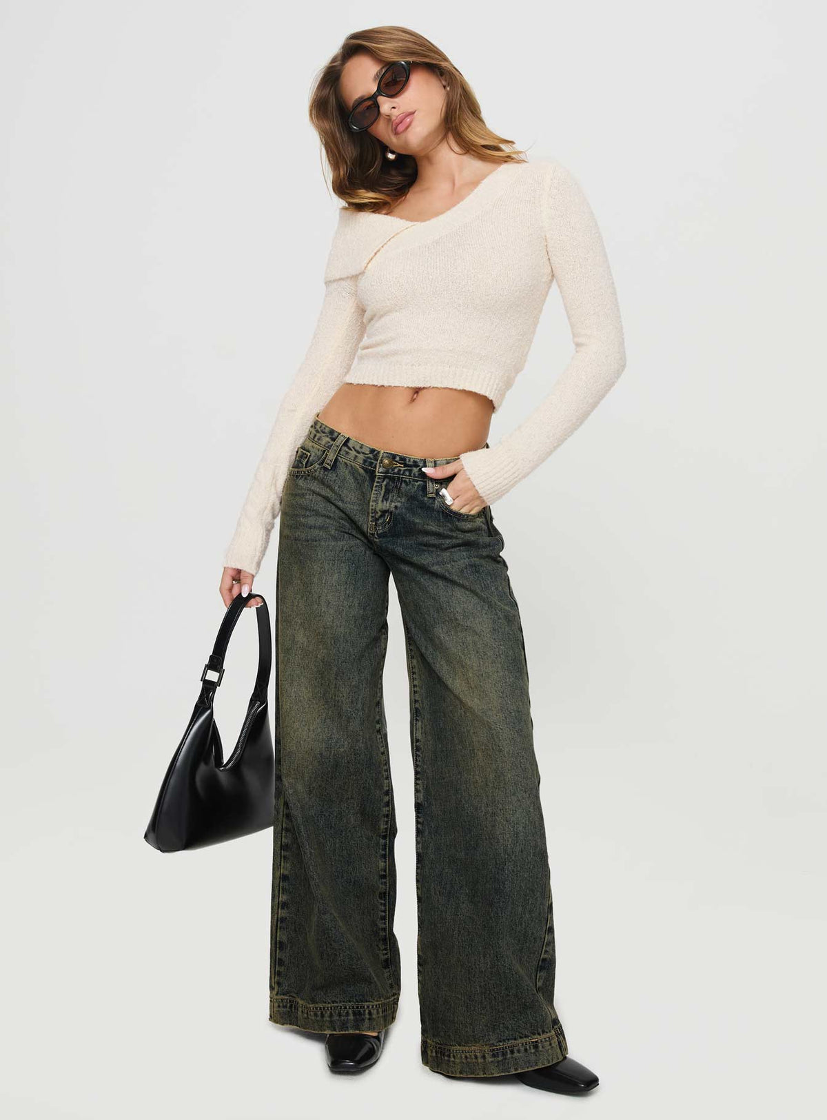 front view of model wearing Princess Polly Ribbon Stamp Wide Leg Jeans Antique Wash Mid Rise 