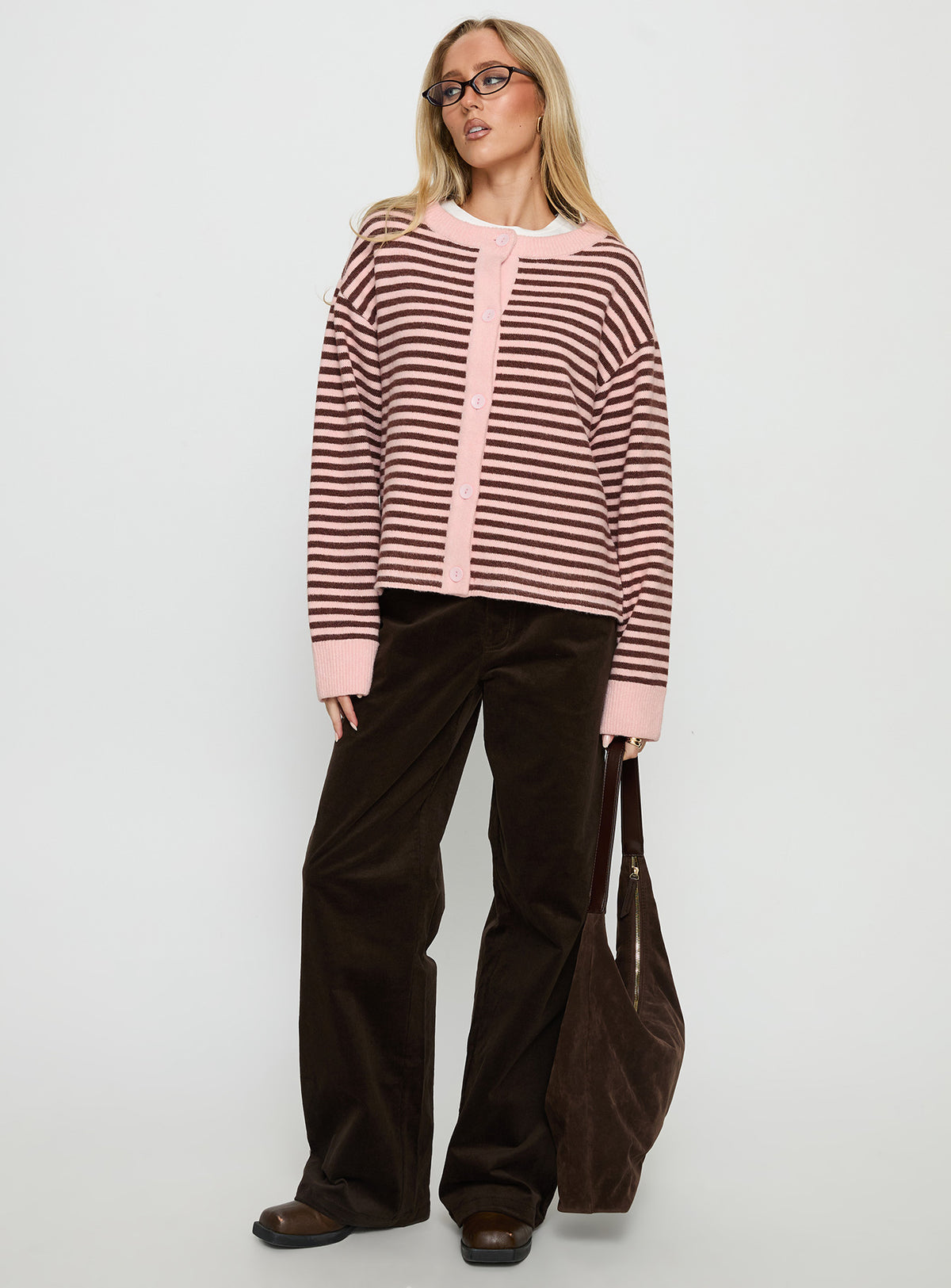 front view of model wearing Princess Polly Darnelle Button Up Knit Cardigan Pink Stripe Longline Jumpers Jumpers 