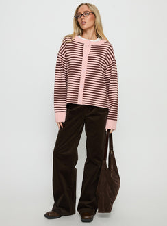 front view of model wearing Princess Polly Darnelle Button Up Knit Cardigan Pink Stripe Longline Jumpers Jumpers 