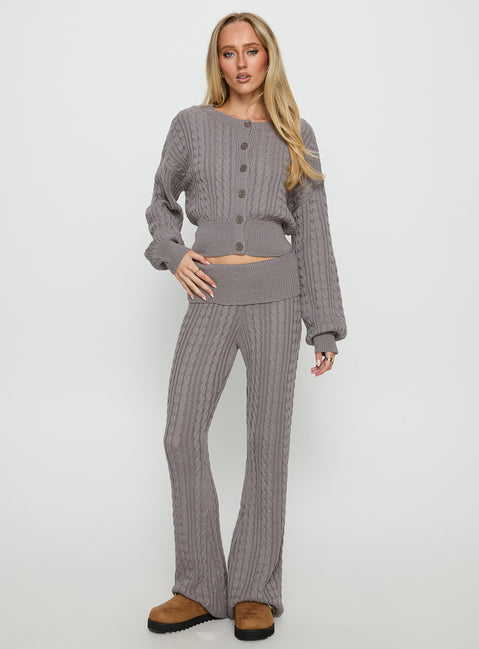 front view of model wearing Princess Polly Baleigh Cable Knit Cardigan Grey Jumpers 