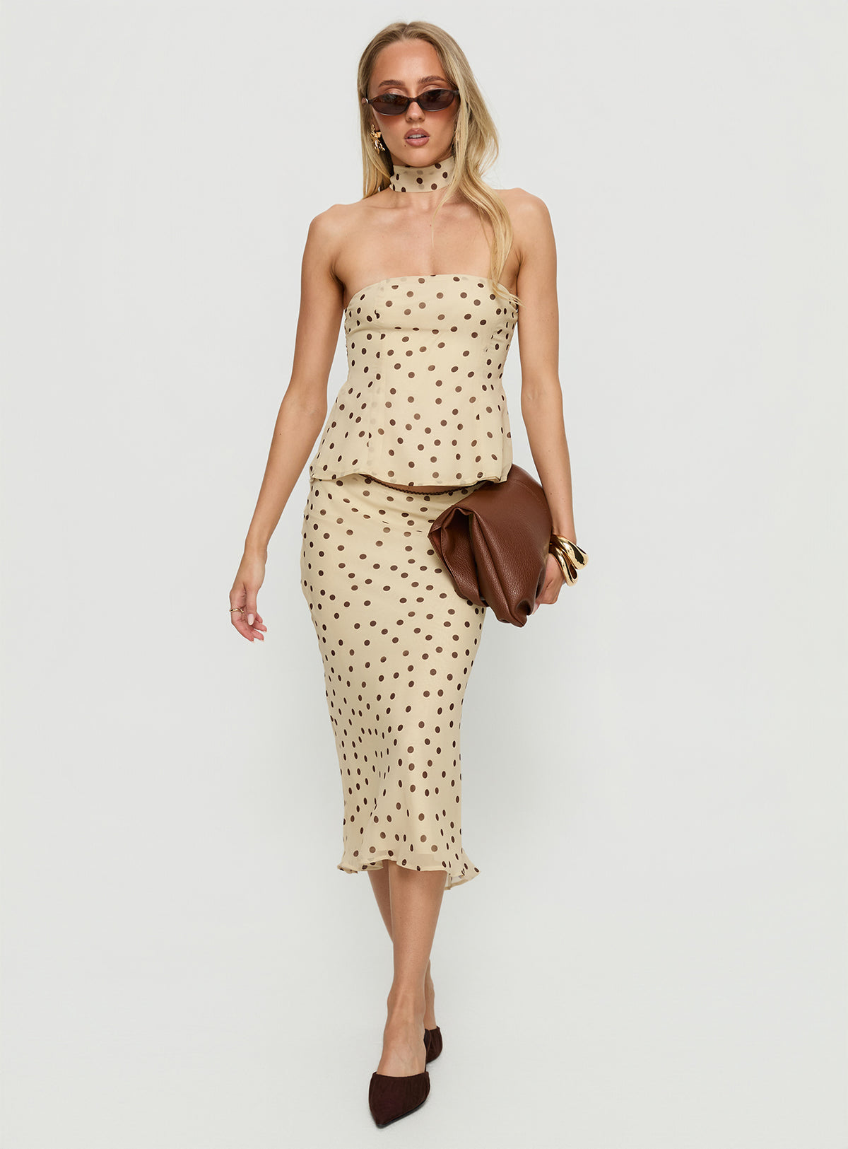   front view of model wearing Princess Polly Sydni Midi Bias Cut Skirt Yellow / Chocolate Polka Midi Skirts Skirts 
