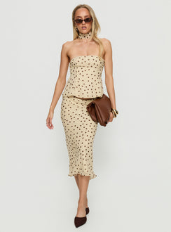   front view of model wearing Princess Polly Sydni Midi Bias Cut Skirt Yellow / Chocolate Polka Midi Skirts Skirts 