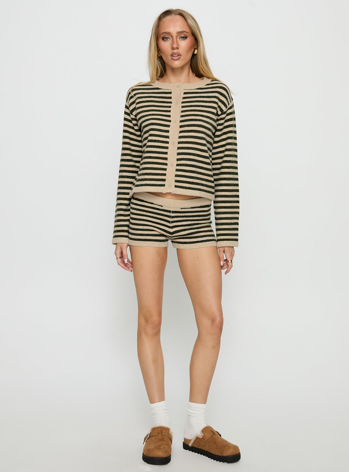 Crafted from the Kollens Knit Cardigan Beige Multi womens jumper with short length striped pattern and oversized fit product Princess Polly