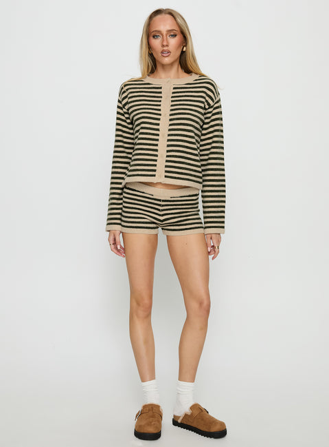 Crafted from the Kollens Knit Cardigan Beige Multi womens jumper with short length striped pattern and oversized fit product Princess Polly