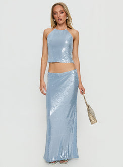   front view of model wearing Princess Polly Emalia Sheer Sequin Maxi Skirt Blue 