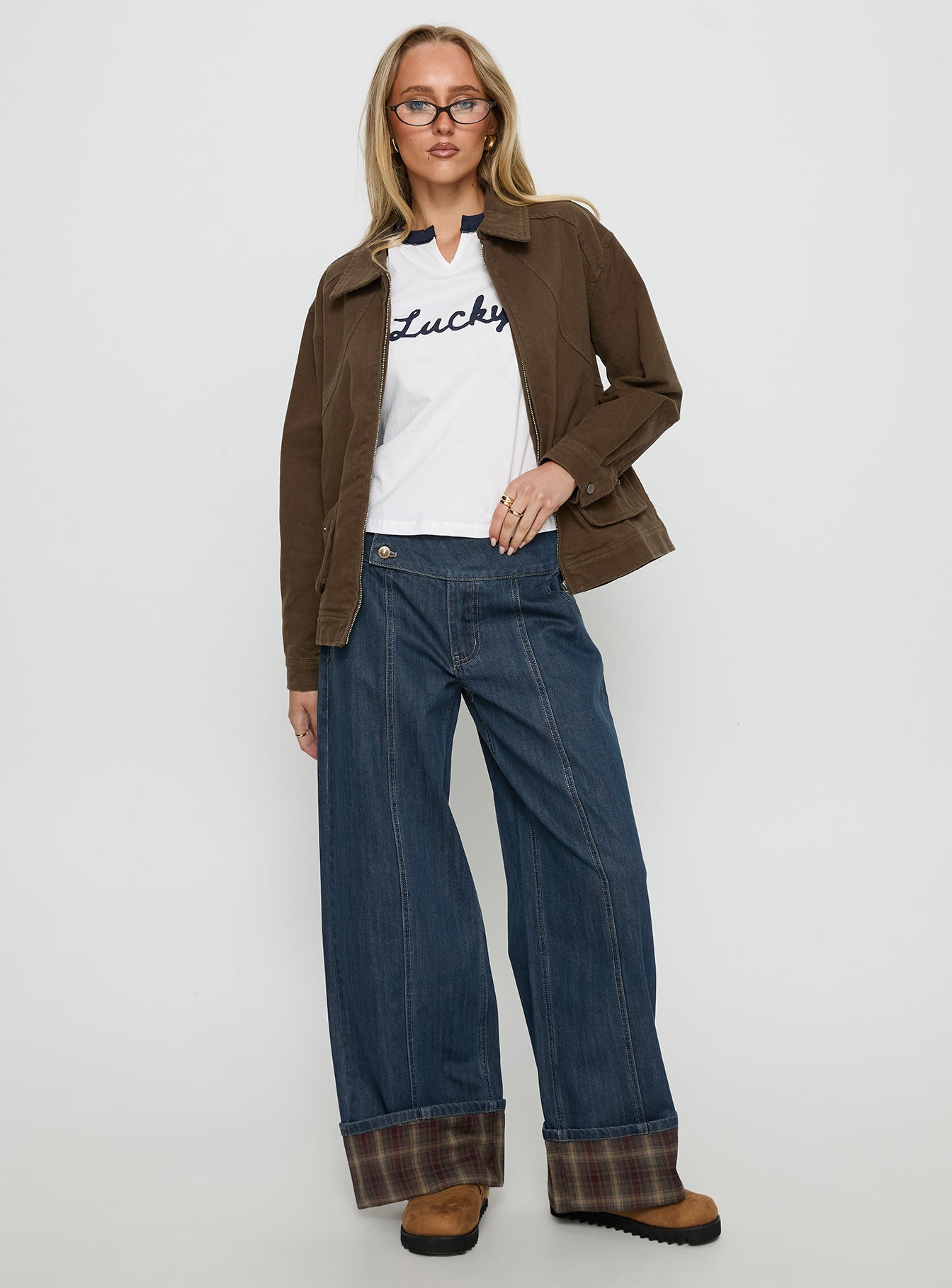 Nikoletta Foldover Jeans Dark Wash / Check Mid Rise Jeans Jeans 