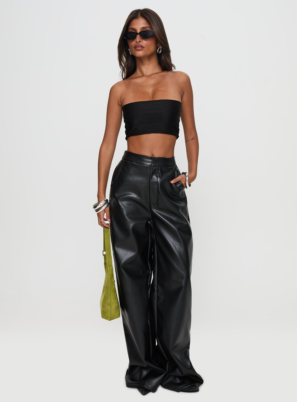 front view of model wearing Princess Polly Tempted Faux Leather Pant Black High Waisted Pants 