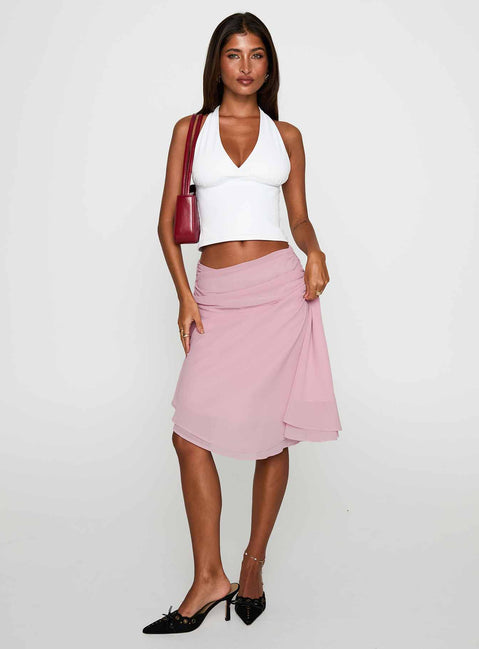   front view of model wearing Princess Polly Evanescence Asymmetrical Midi Skirt Pastel Pink Midi Skirts 