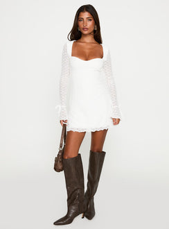 front view of model wearing Princess Polly Dalzine Long Sleeve Mini Dress White Sweetheart Neckline 
