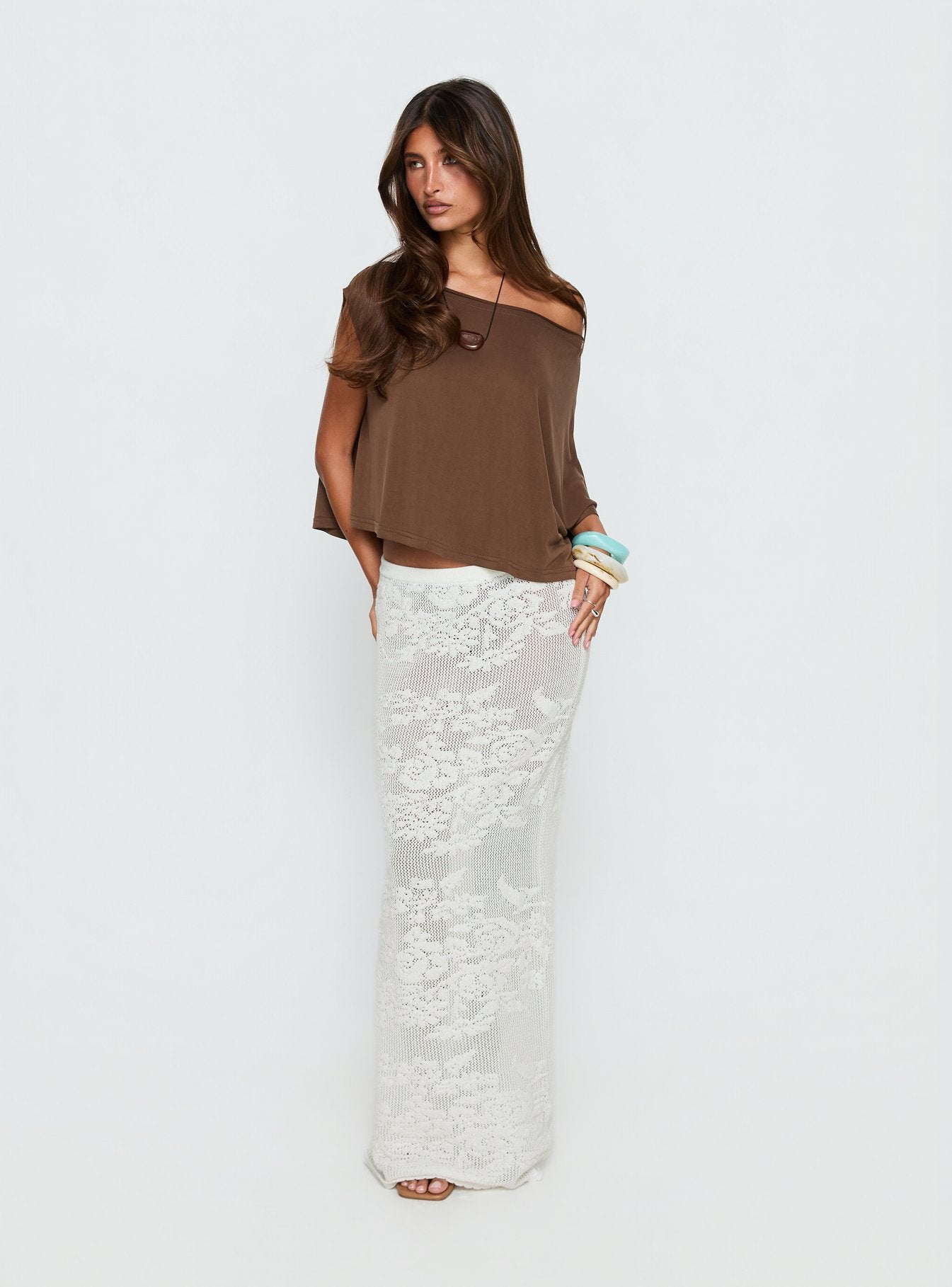   front view of model wearing Princess Polly Opresia Crochet Maxi Skirt White Maxi Skirts 