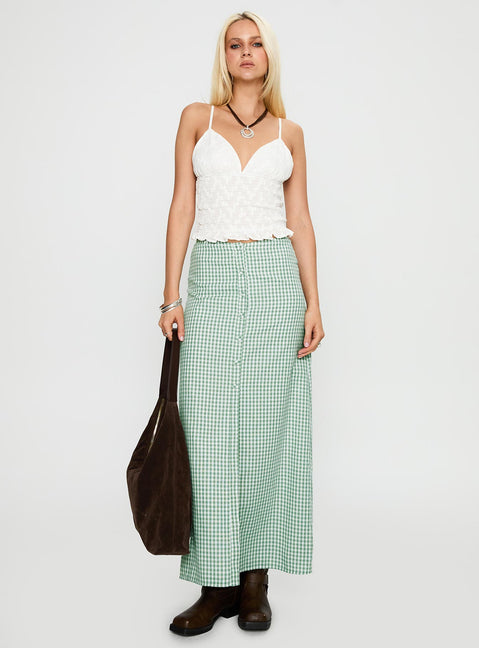 front view of model wearing Princess Polly Clued In Frill Detail Top White Sleeveless Plunger 