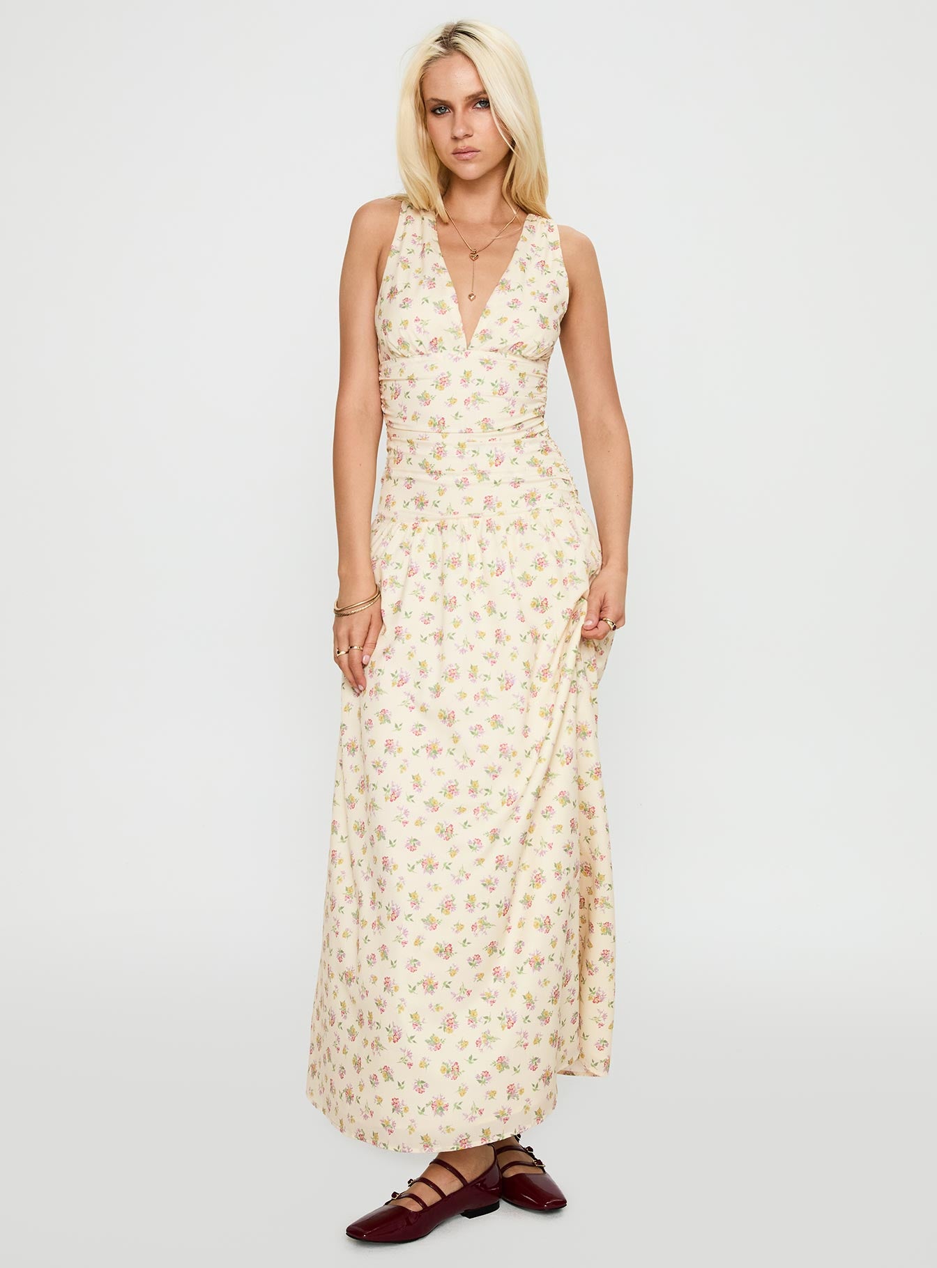 side view of model wearing Princess Polly Esthie Maxi Dress Multi Floral V-Neck 