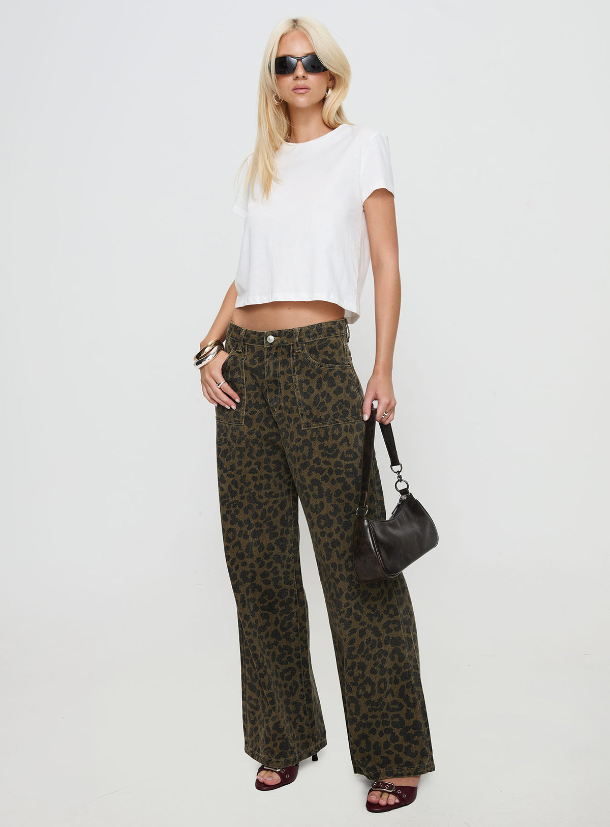 front view of model wearing Princess Polly Briony Jean Leopard Mid Rise 