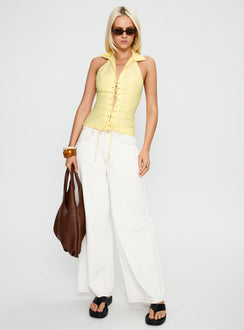 side view of model wearing Princess Polly Dress You Up Tie Up Top Lemon Pinstripe Sleeveless Plunger 