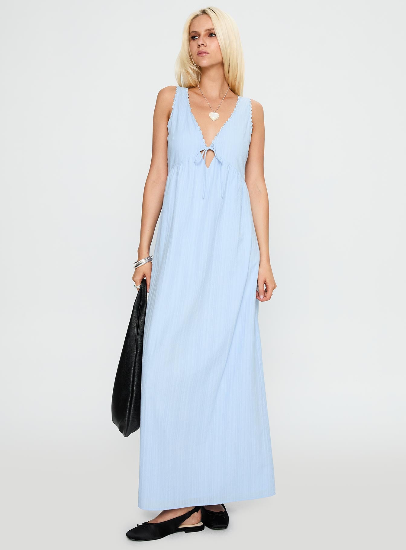 front view of model wearing Princess Polly Elyza Maxi Dress Blue Plunger 