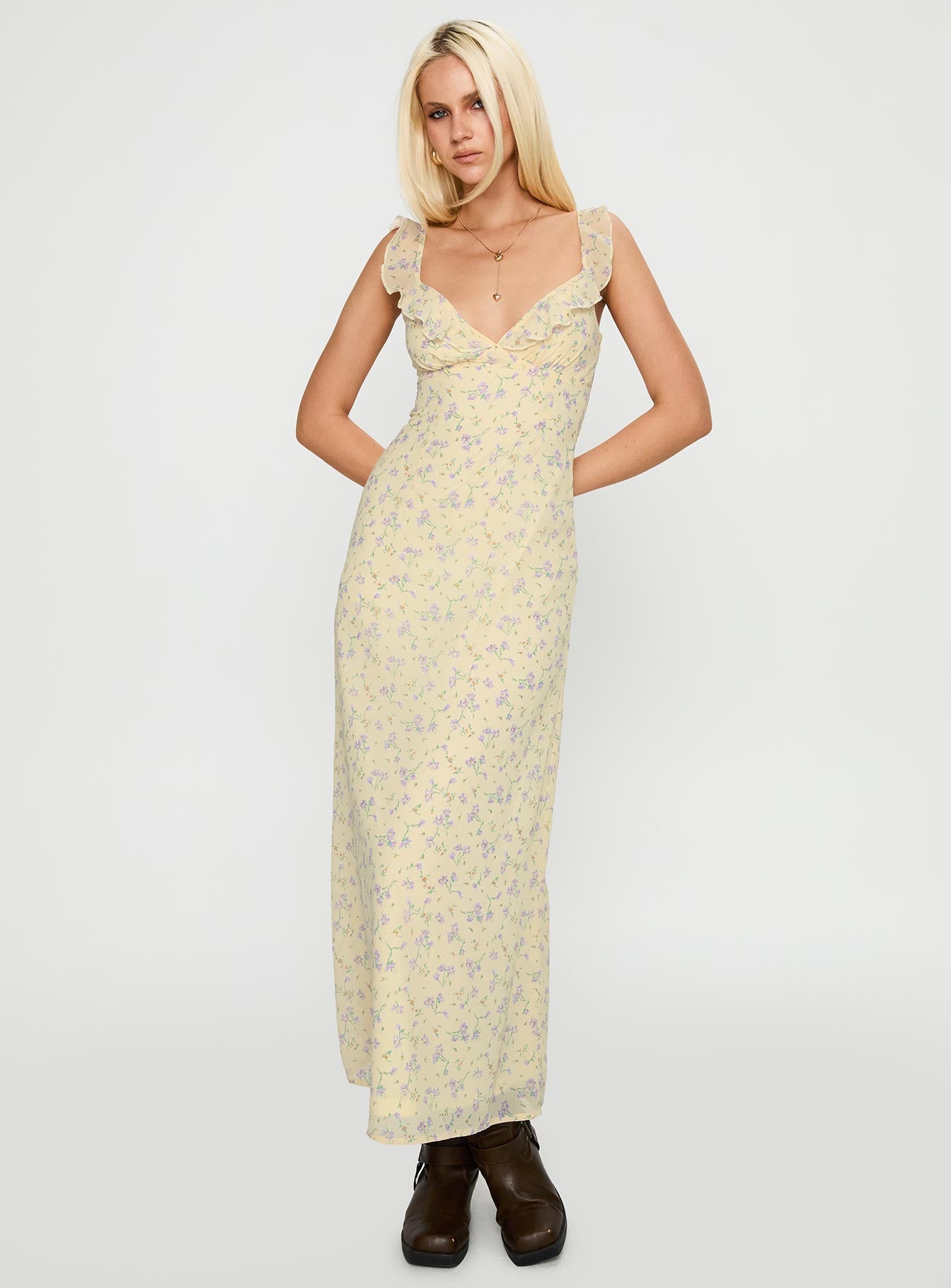 front view of model wearing Princess Polly Jayne Frill Maxi Dress Multi Plunger 