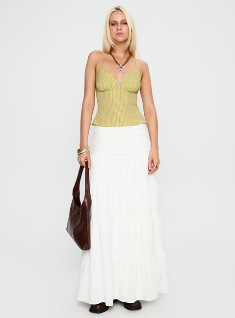  front view of model wearing Princess Polly Snowy River Tiered Maxi Skirt White Maxi Skirts Skirts 