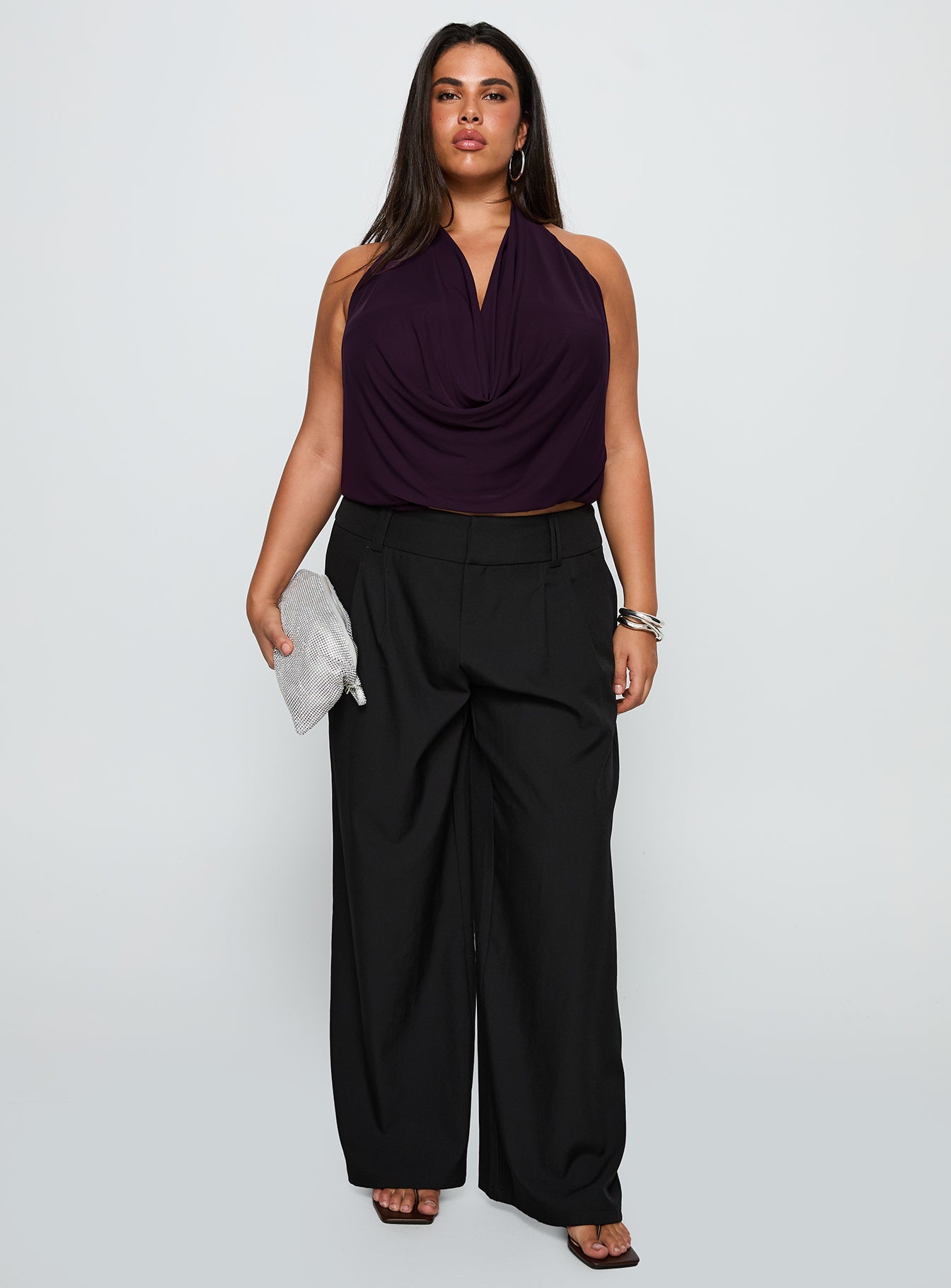 front view of model wearing Princess Polly Carefree Days Cowl Neck Top Purple Curve Sleeveless Cowl 