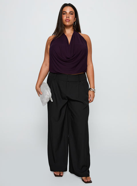front view of model wearing Princess Polly Carefree Days Cowl Neck Top Purple Curve Sleeveless Cowl 