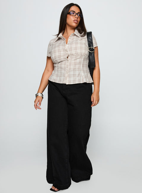 front view of model wearing Princess Polly Cottesloe Blouse Top Brown Check Curve Short Sleeves V-Neck 