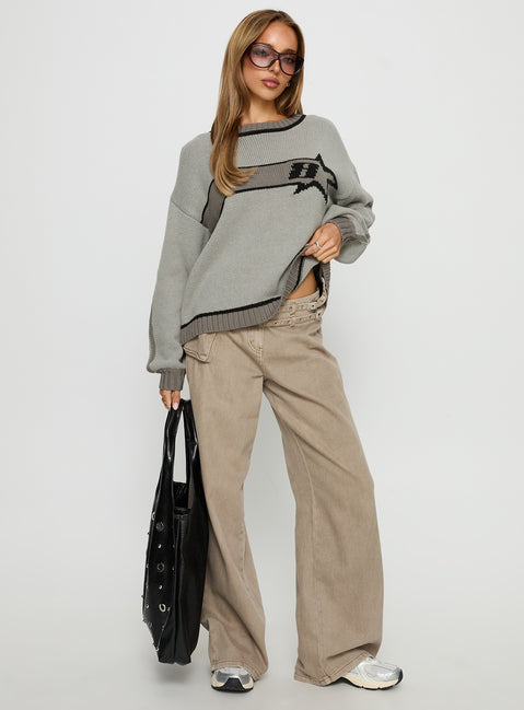 front view of model wearing Princess Polly Star Track Graphic Jumper Grey Longline Jumpers 