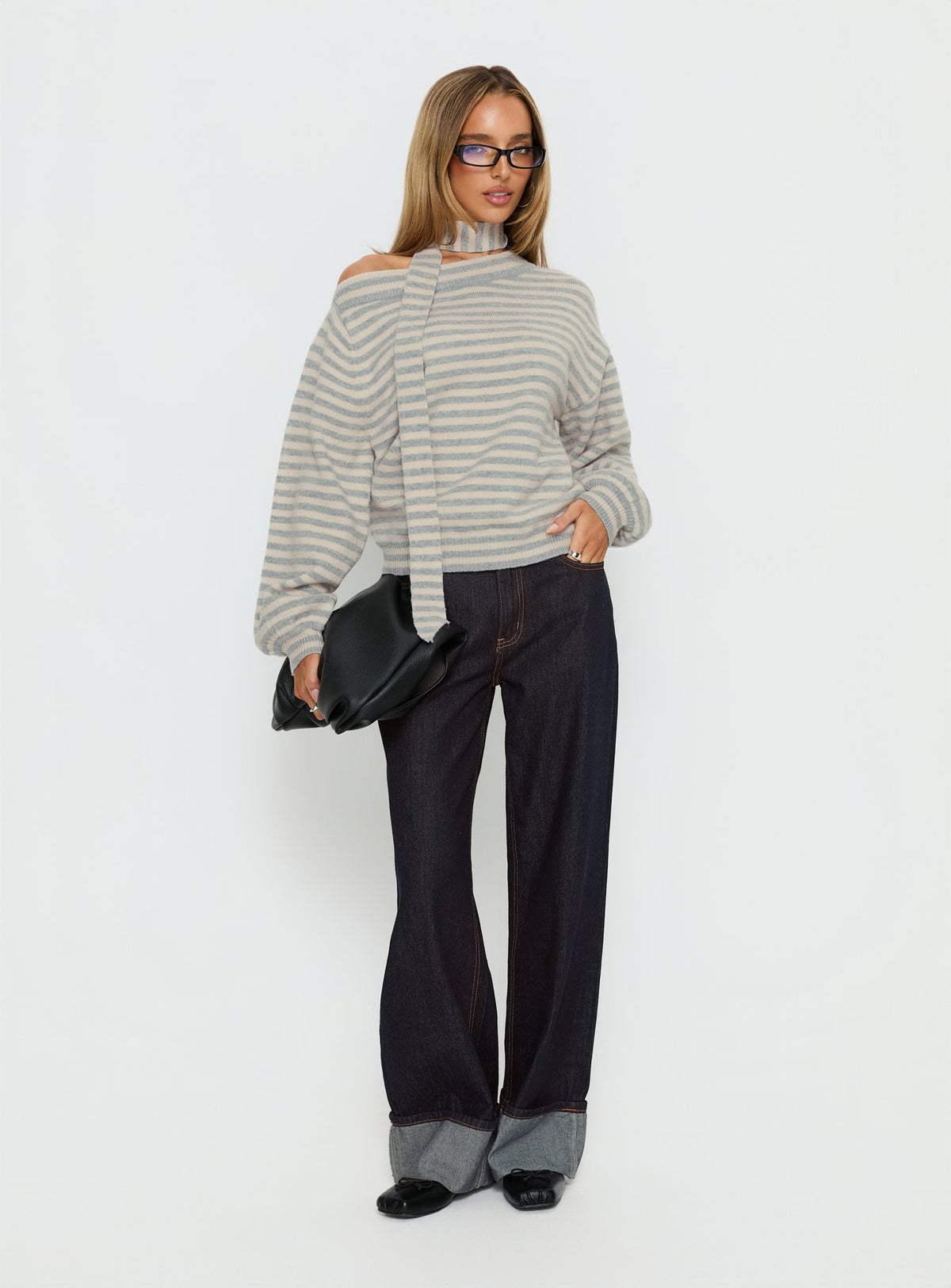 side view of model wearing Princess Polly Ruthi Scarf Off Shoulder Knit Sweater Neutral Stripe 