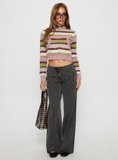 back view of model wearing Princess Polly Keeva Zip Through Knit Jumper Pink / Green Stripe 